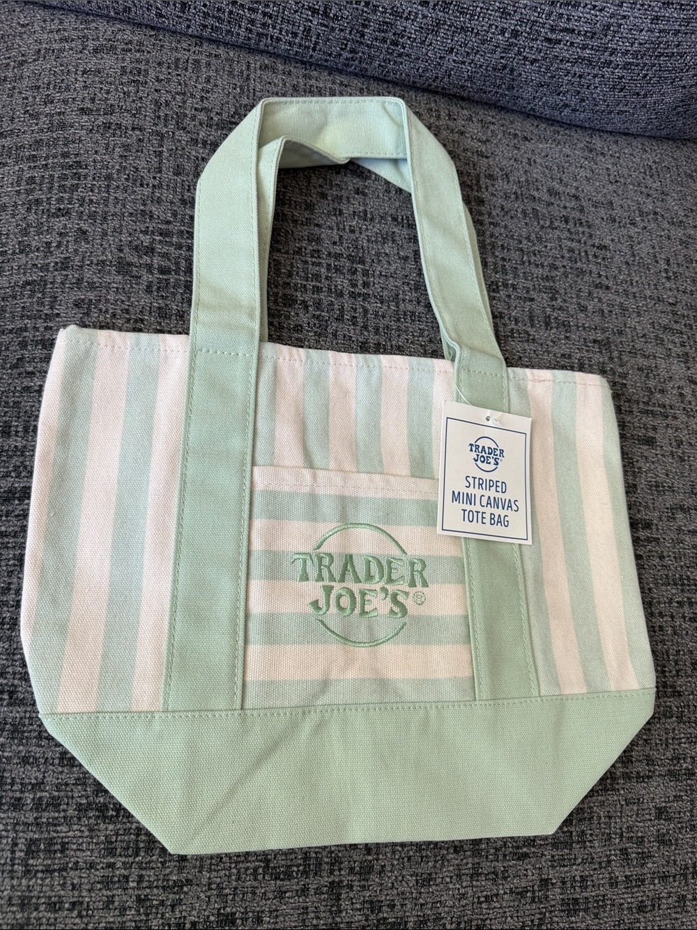 NWT Trader Joe’s Summer 2026 Mini Canvas Tote Bag, Pastel Green Stripes